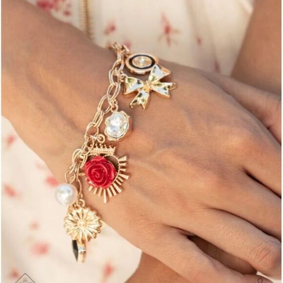 Paparazzi Victorian Verdict Charm Bracelet Gold Rose Pearl Bow Crystal Love New - Picture 2 of 2